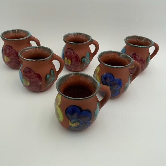 Set of 6 Mexican Clay Pottery Coffee Cup Chocolate Mug Hand Painted Flowers EUC - Picture 4 of 16